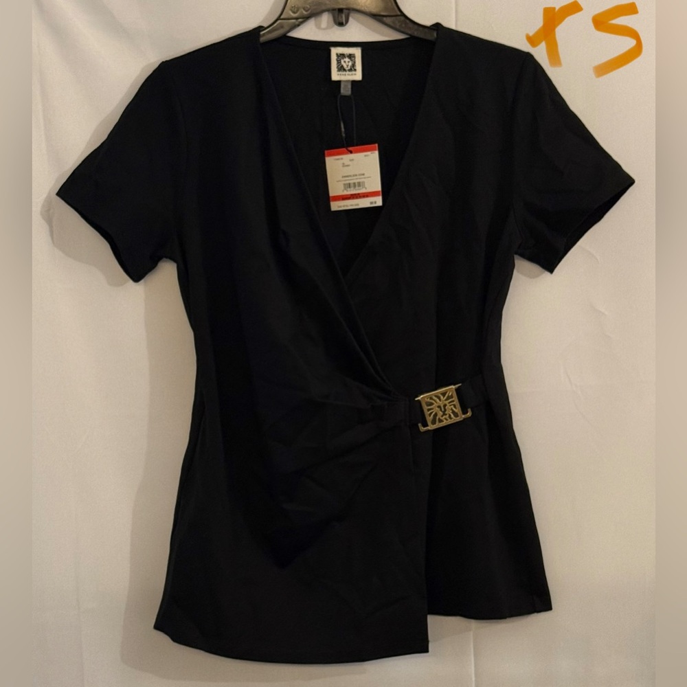Anne Klein Black Short Sleeve Wrap Blouse